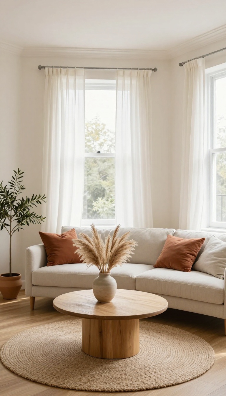 Cozy small living room with creamy white walls, natural light, neutral sofa, and warm wood accents
