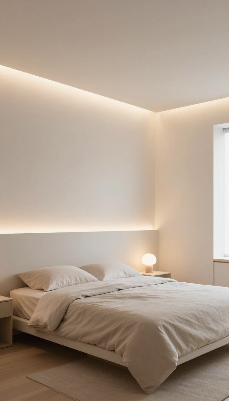 Bedroom with hidden LED light strips running along the ceiling perimeter, creating a soft warm indirect glow that makes the room feel larger and more inviting