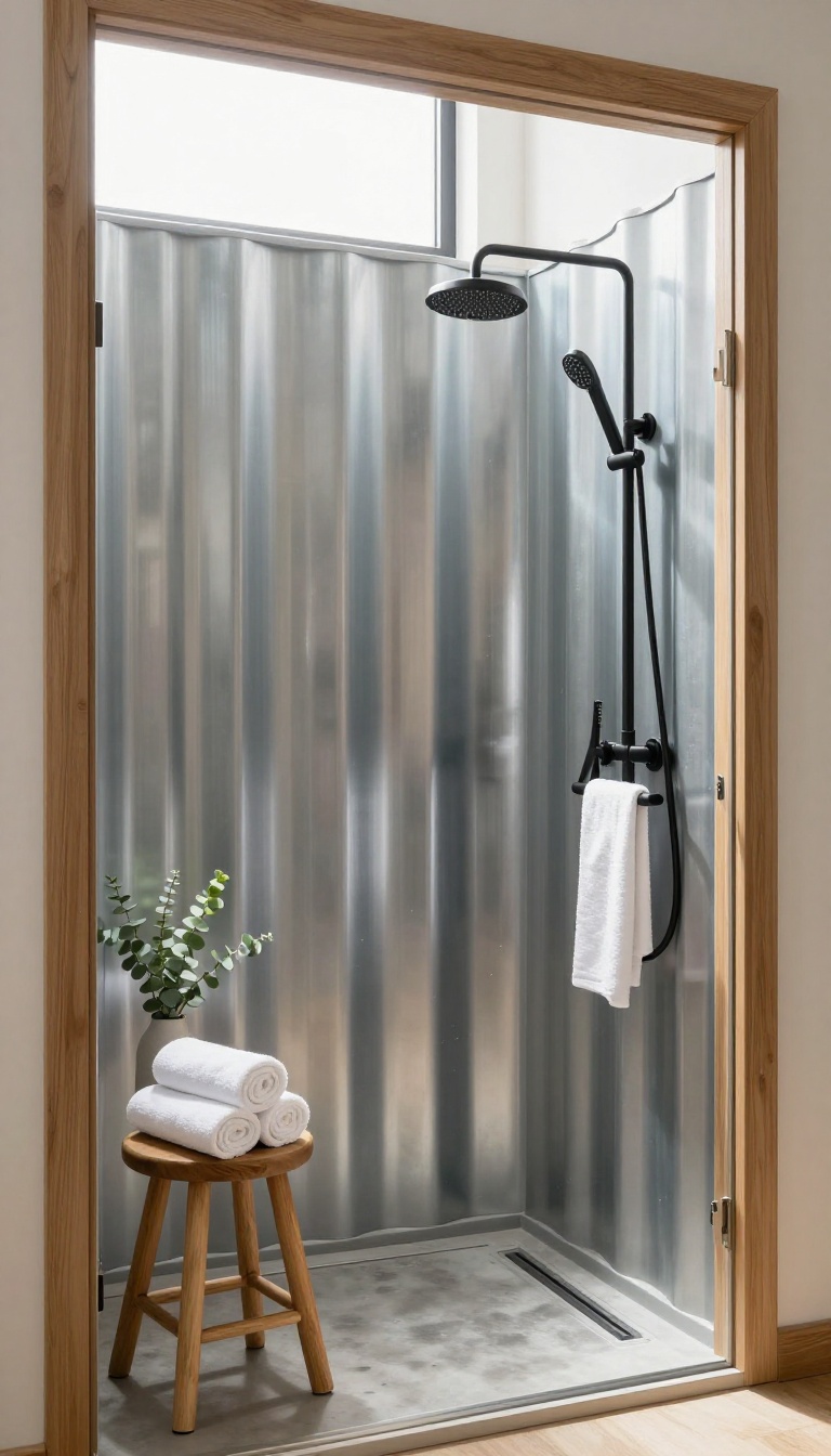 Bright modern shower with corrugated galvanized metal wall panels, wood accents, and black fixtures in natural light