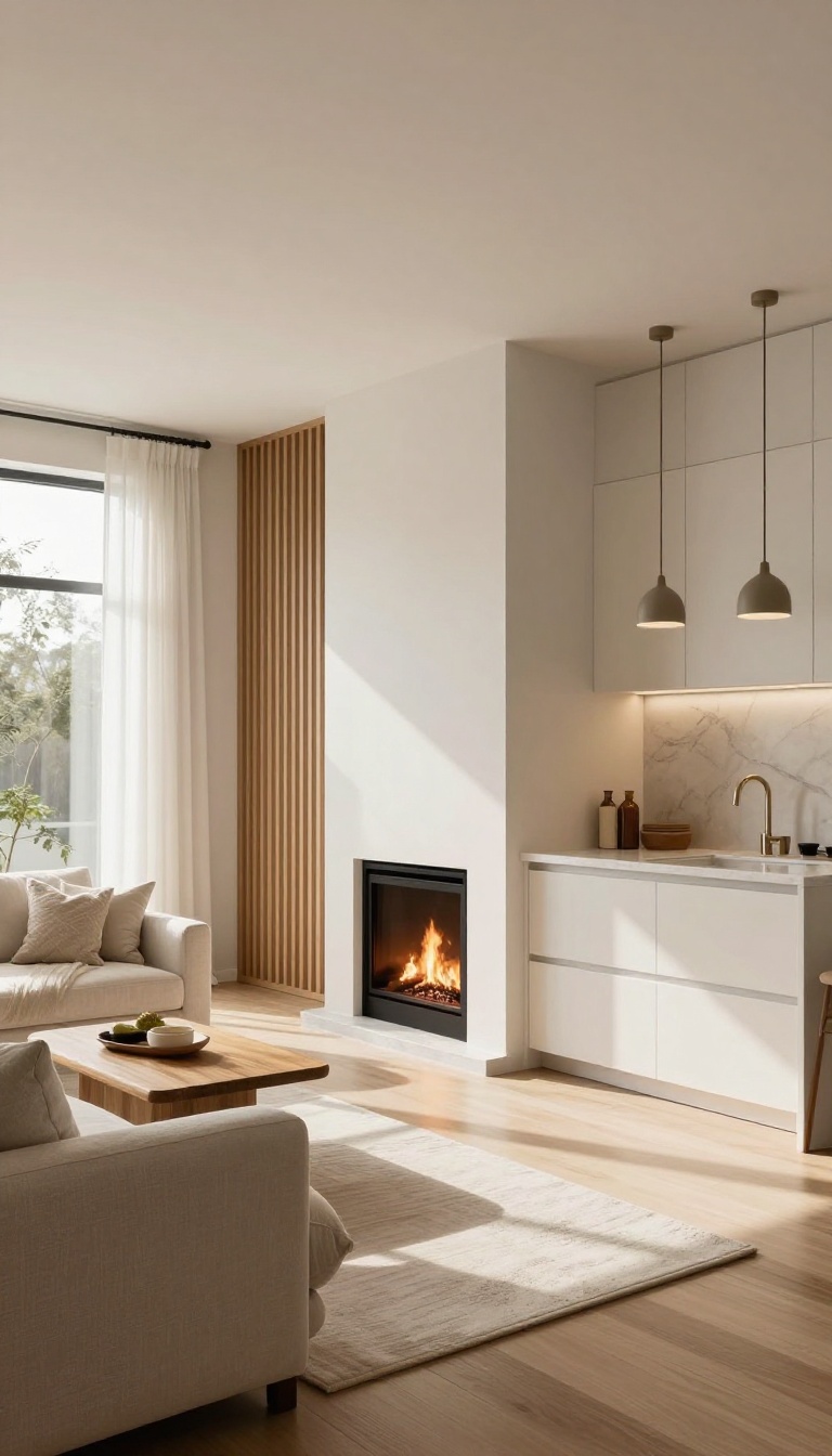 Open space living room and kitchen divided by a double-sided see-through fireplace with a slatted wood room divider, bright natural light, modern interior design