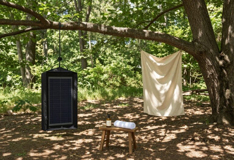 DIY camping shower setup with solar bag and privacy screen in a forest