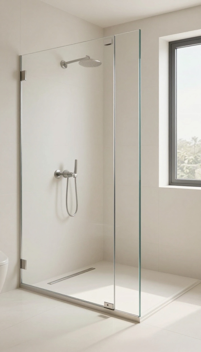 Modern bathroom shower with seamless large-format porcelain slab walls and frameless glass panel in bright natural light