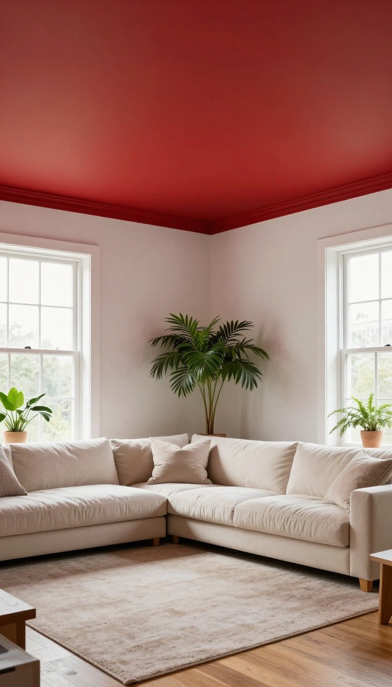 Living room with a bold red painted ceiling and calm neutral walls, showing a surprising overhead pop of color in bright natural light