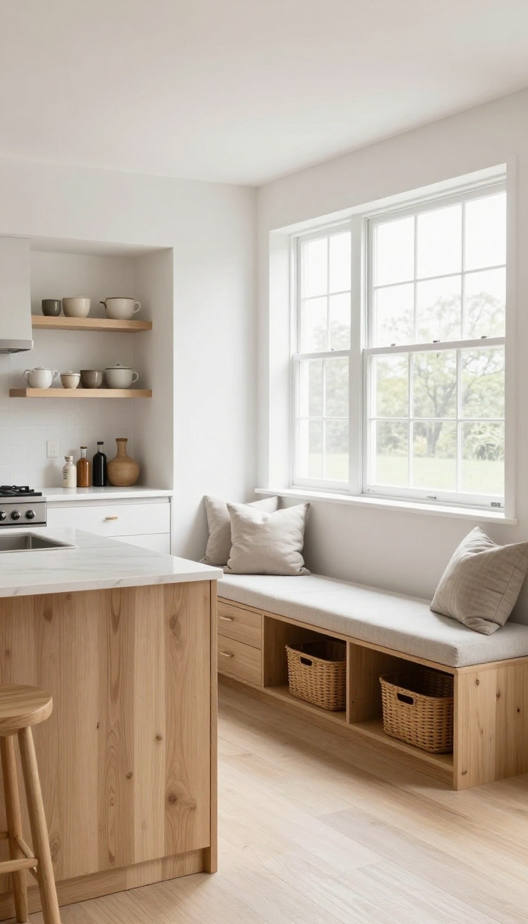 Open-concept kitchen and living room separated by a low half-wall with a built-in upholstered bench and hidden storage baskets on the living side.