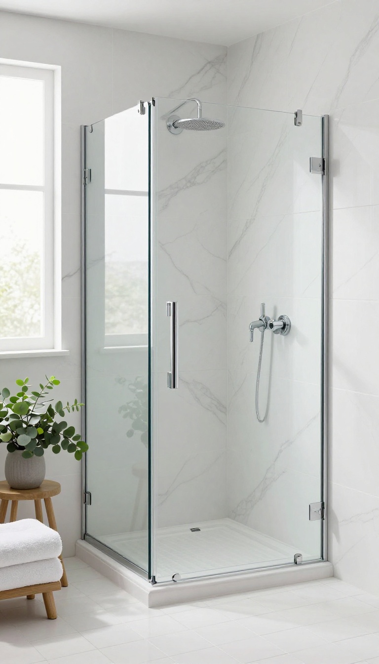 Bright bathroom shower with glossy faux marble FRP wall panels and chrome fixtures in a polished budget remodel