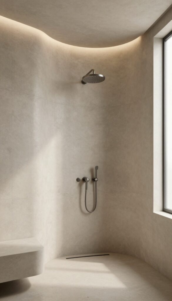 Curved concrete wall in a modern shower with built-in bench and niche, illuminated by indirect lighting and a rainfall showerhead.
