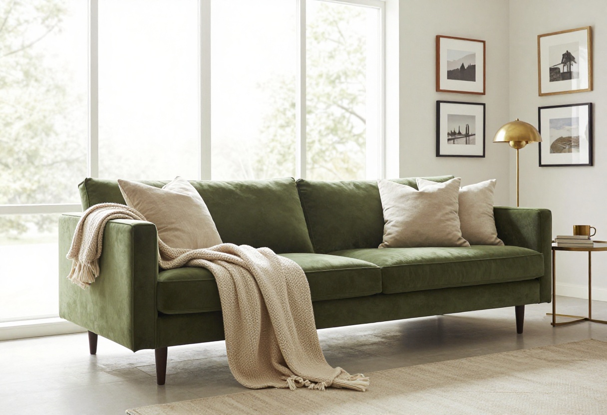 Green velvet couch in a luxe living room with brass accents and neutral decor.