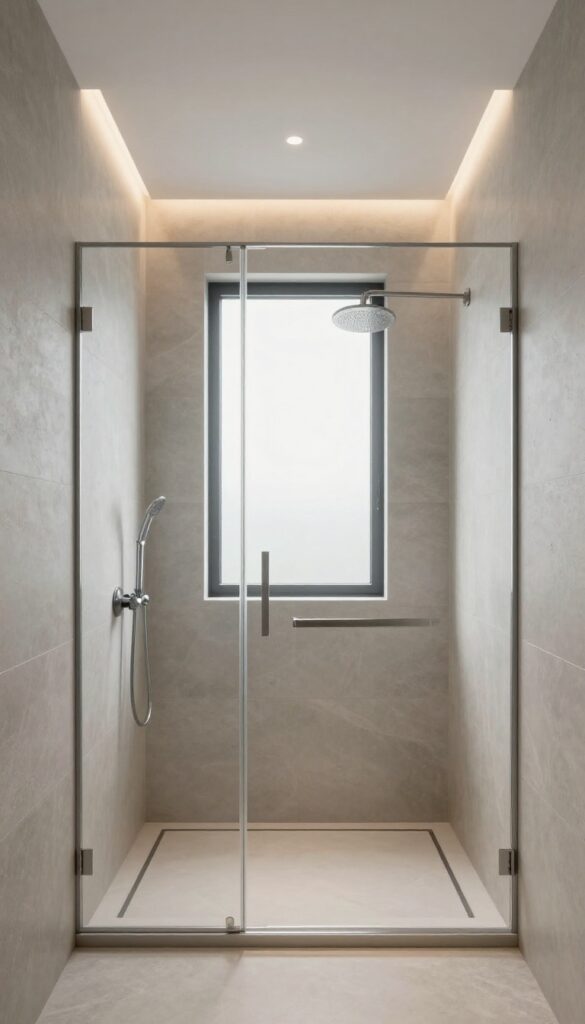 Modern shower with warm cove lighting along the ceiling edge, creating a soft glow on stone walls and a spacious, serene atmosphere.