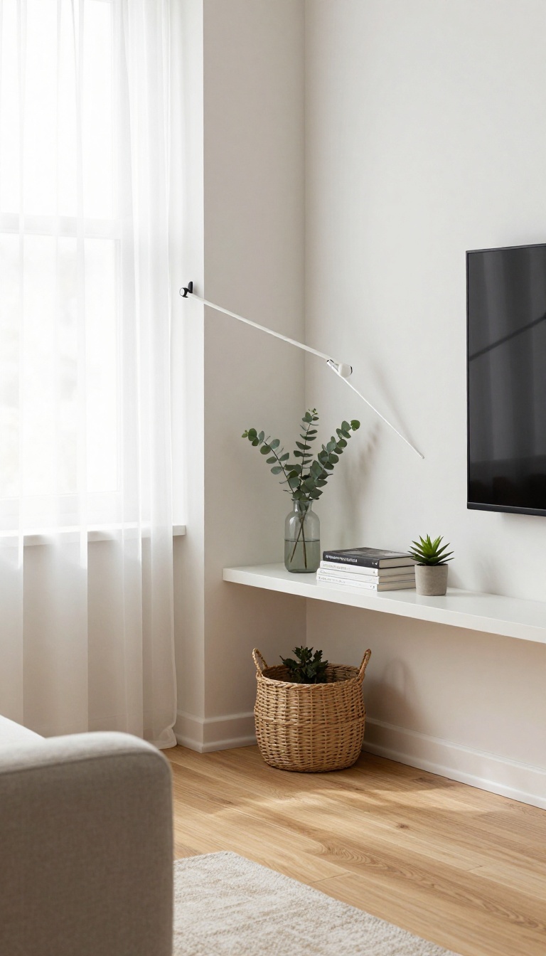Corner TV wall in a small bright living room with an angled wall-mounted television and matching floating corner shelves styled with plants and books