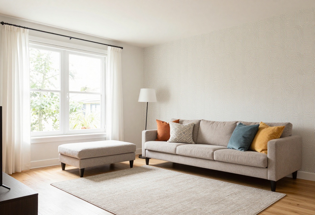 Cozy rental living room with a removable wallpaper accent wall, colorful pillows, and a large area rug.