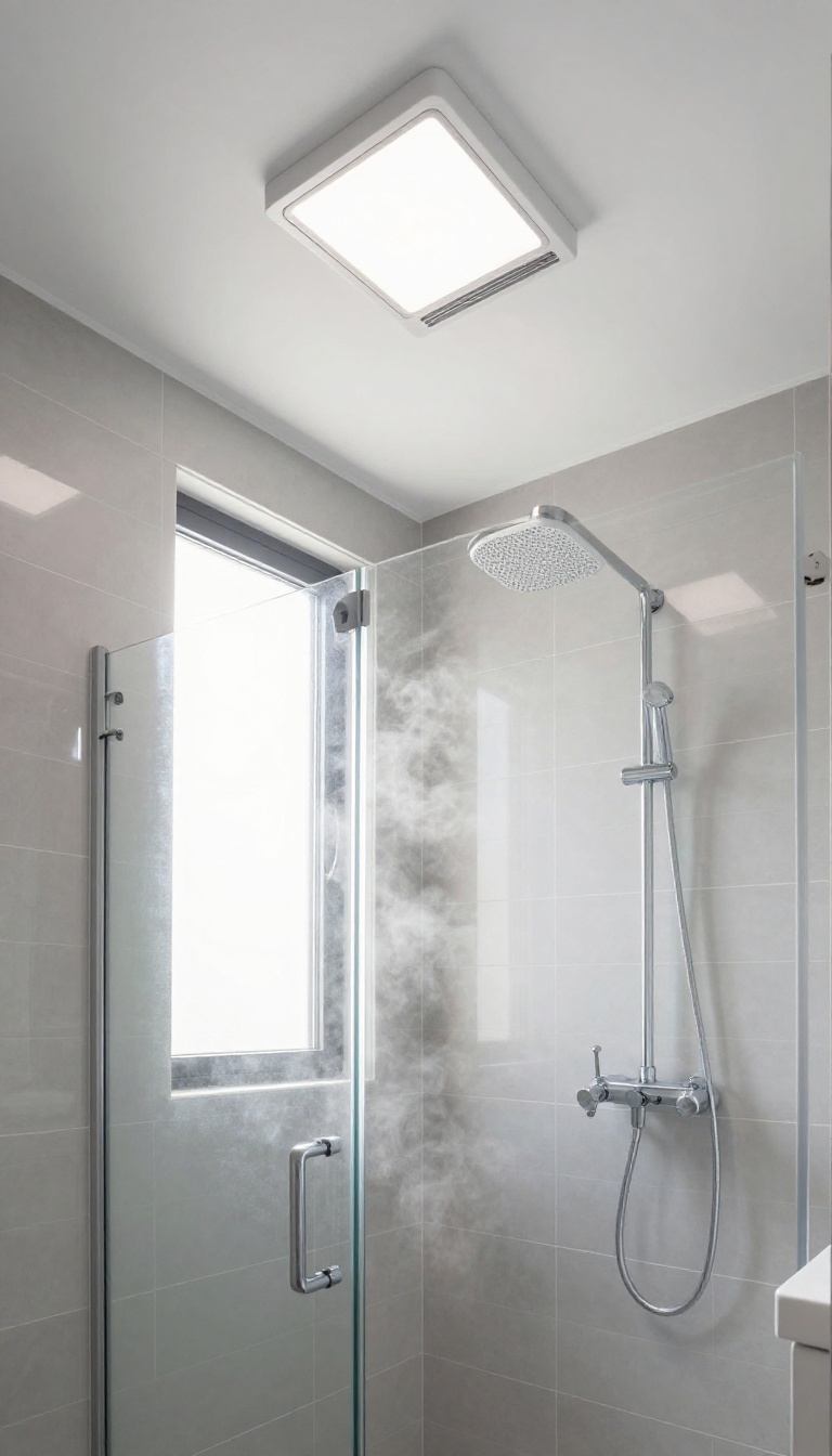 Bright bathroom shower with a ceiling-mounted exhaust fan and built-in light above a glass-enclosed tiled shower
