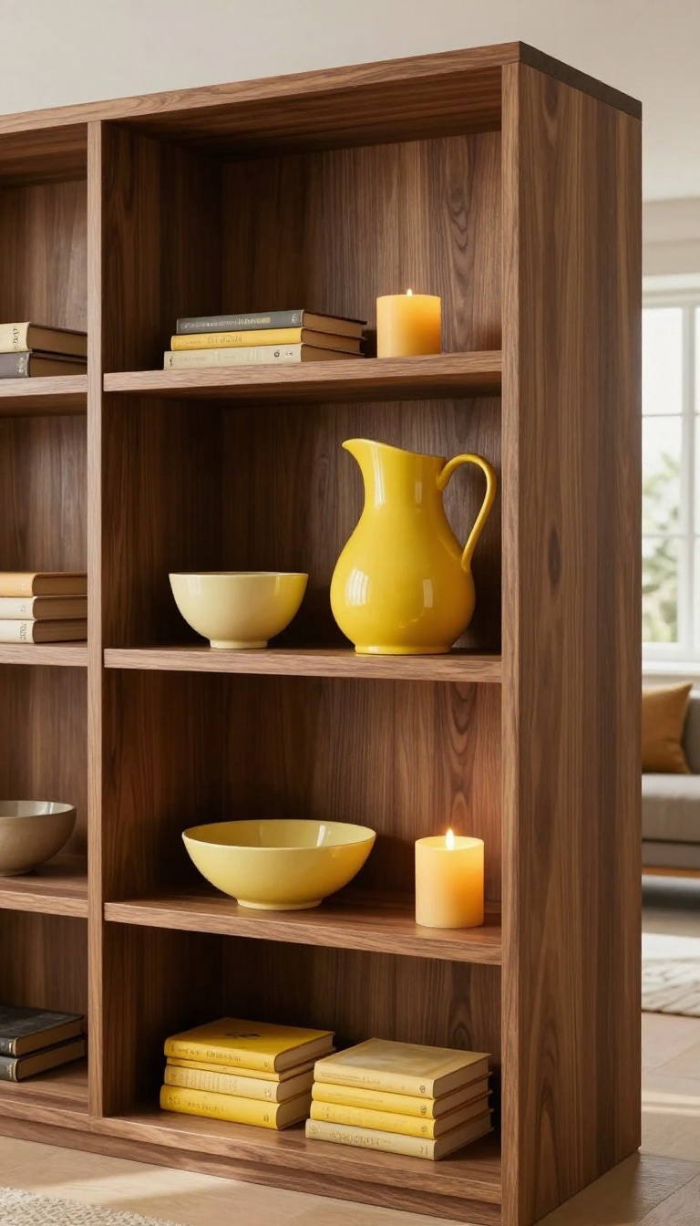 Brown built-in bookshelves styled with scattered yellow books, a mustard ceramic pitcher, and a butter yellow bowl in a bright living room