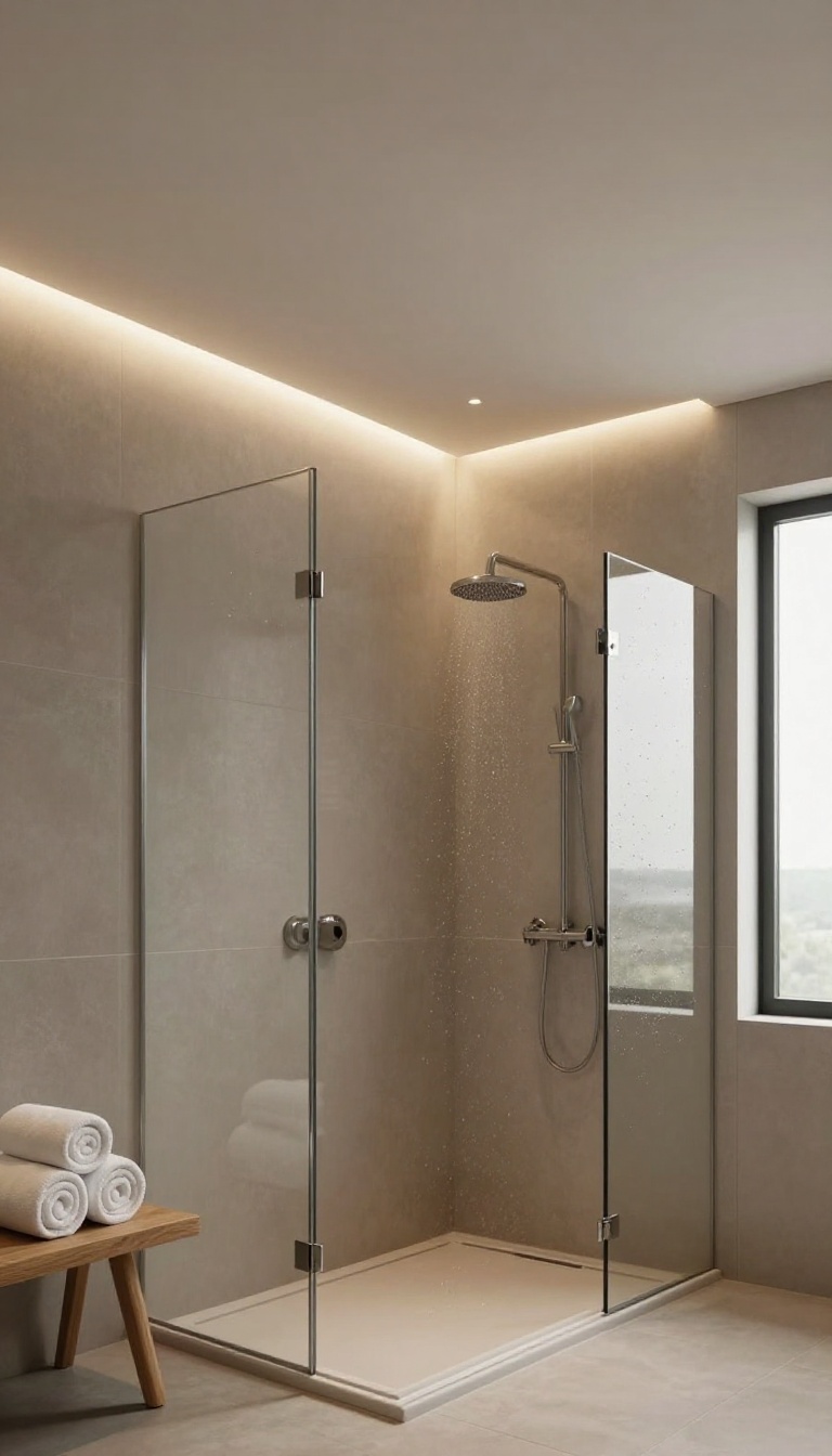 Modern bathroom shower with hidden LED strip lighting glowing along the ceiling edge and washing soft ambient light over dark tile walls