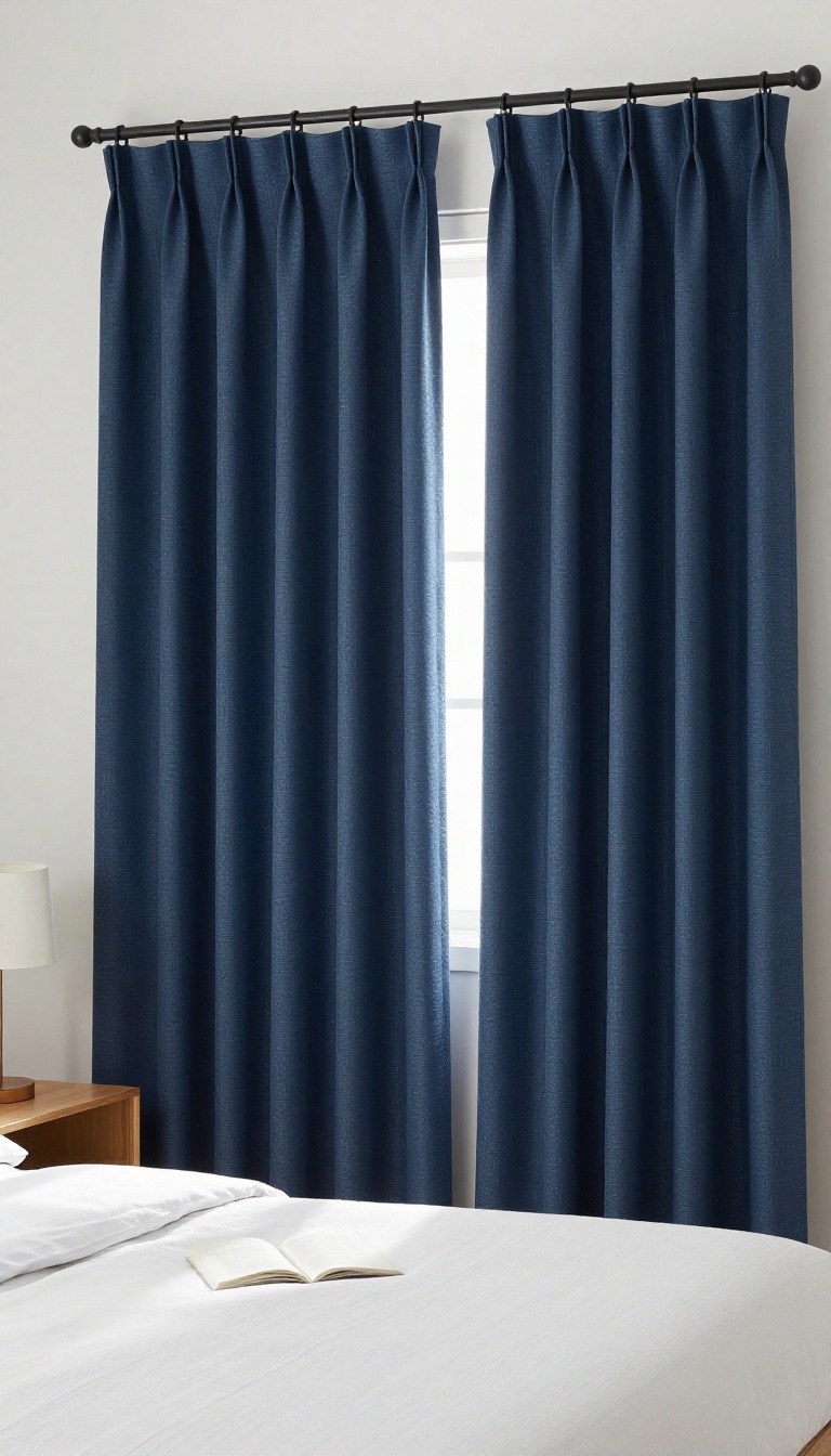 Bedroom with navy patterned blackout curtains on a simple rod, soft natural light, and a neatly made bed