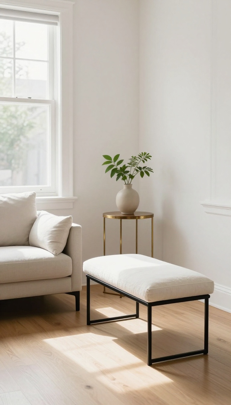 Black metal accent chair and bench with white cushions in a bright modern living room