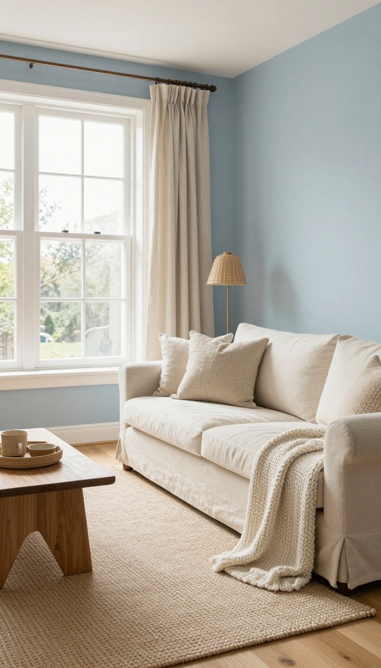 Light blue living room layered with warm neutral cream sofa, jute rug, and wood accents in bright natural light
