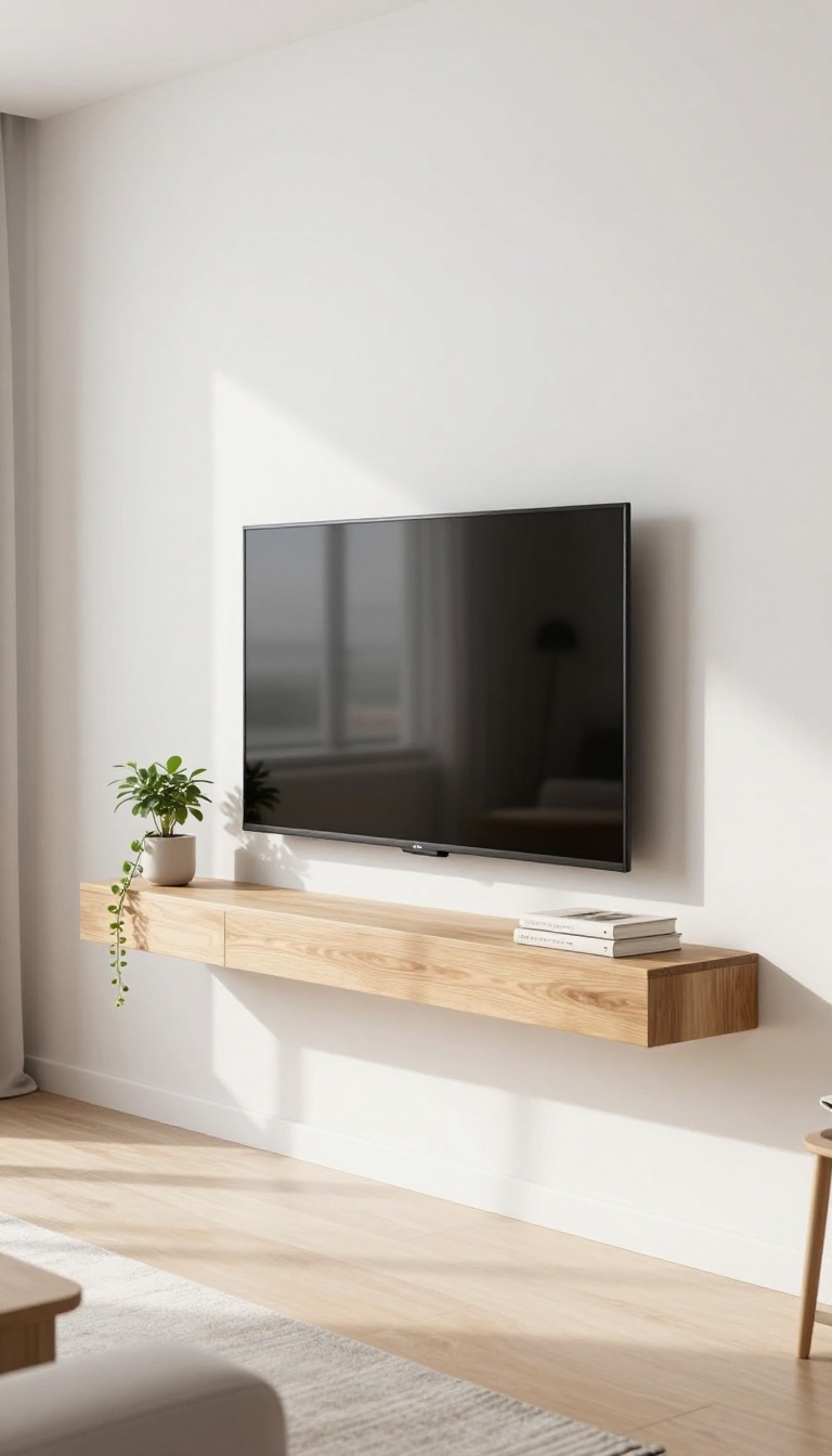 DIY floating wood shelf with hidden bracket mounted below a wall-mounted TV in a bright modern living room