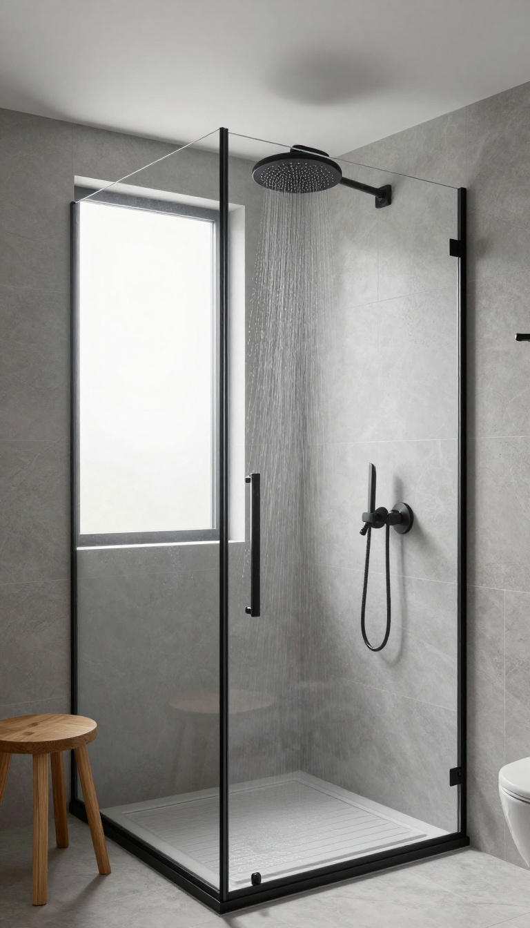 A compact shower with a ceiling-mounted rain shower head and light gray marble-look tiles, creating a spa-like feel.