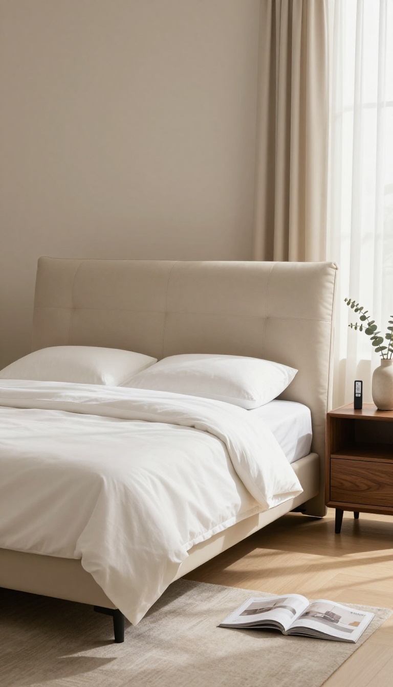 Elegant luxury bedroom with a plush adjustable smart mattress and memory foam pillows in bright natural light