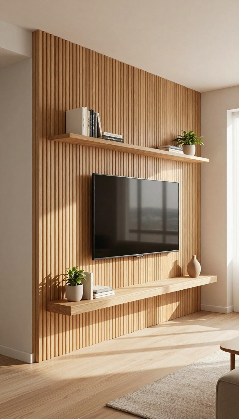 Living room TV wall with warm wood slat paneling and floating shelves holding books and a plant in bright natural light