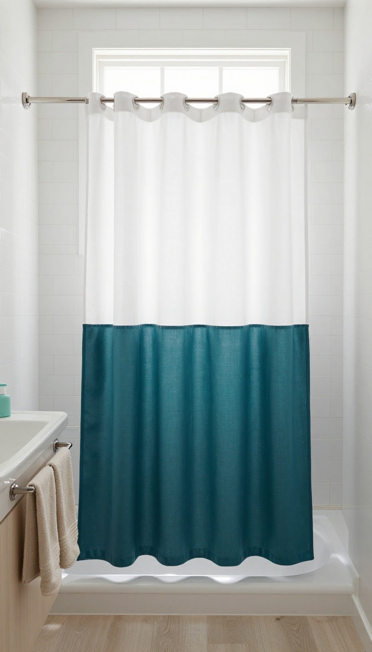 Bright modern bathroom with a two-tone color block shower curtain in white and deep teal, styled with neutral towels and a small teal soap dispenser