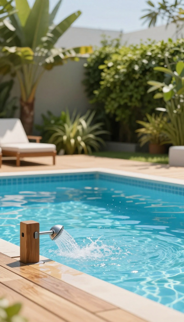 A low-mounted foot shower near a pool deck rinsing sand off feet, with a clean backyard and pool in the background.