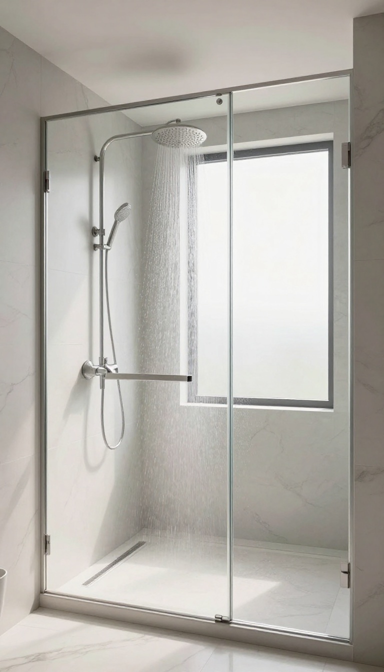 Modern walk-in shower with a ceiling-mounted rain shower head in a bright, marble-tiled bathroom