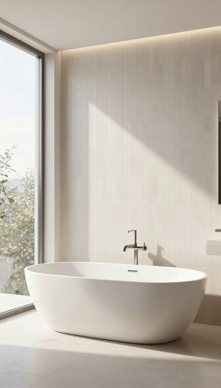 Modern bathroom with vertical stacked tile behind a freestanding bathtub, creating an illusion of higher ceiling.