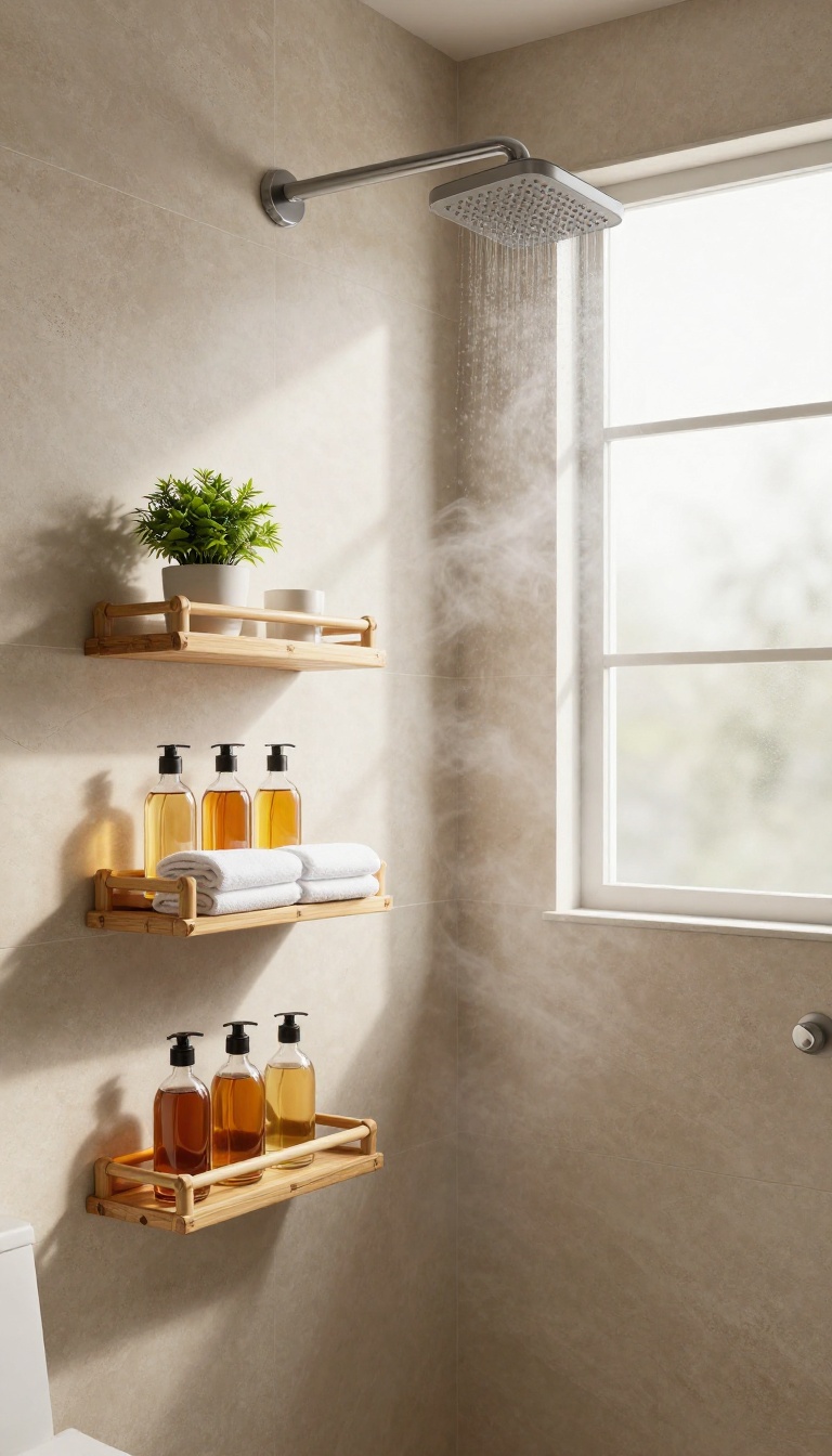 Bamboo and teak wood caddy with bottles and plant in a bright, spa-like shower