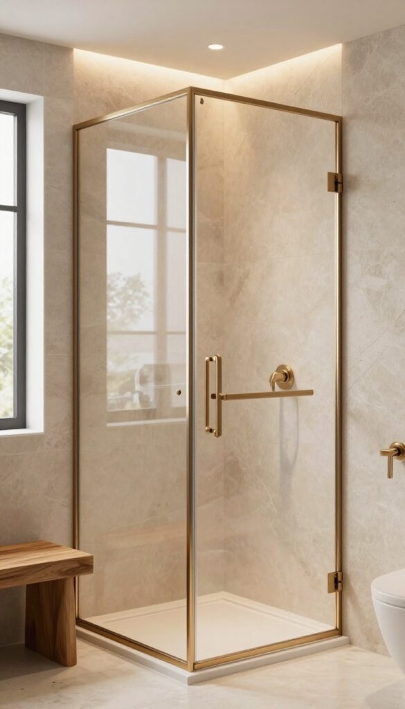 Modern bathroom with semi-frameless shower screen in warm bronze tones, natural stone and wood accents, bright and inviting.