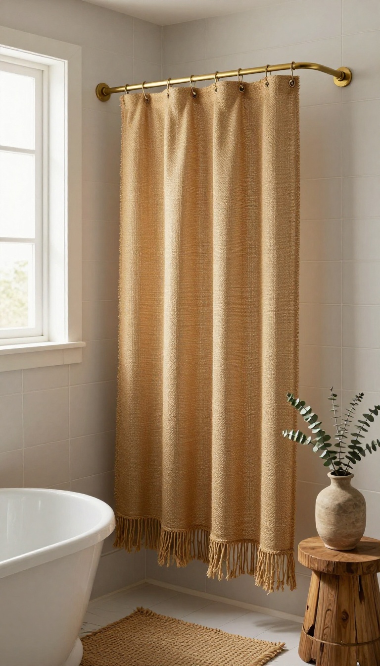 Rustic boho bathroom with a fringed burlap and jute shower curtain hanging from a brass rod beside a woven basket and dried eucalyptus