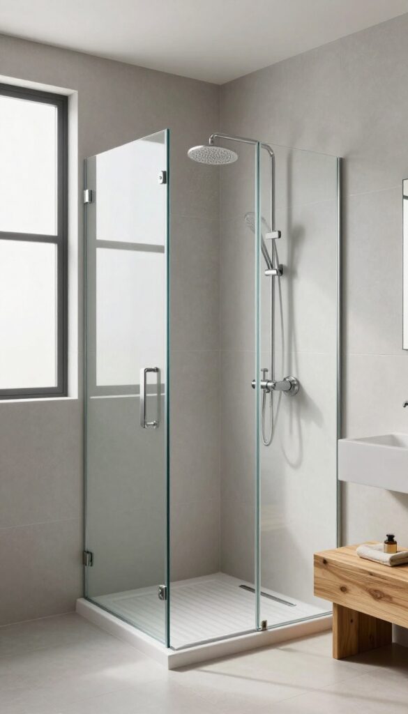 Modern bathroom with hinged glass shower screen open, showing spacious interior and rainfall showerhead