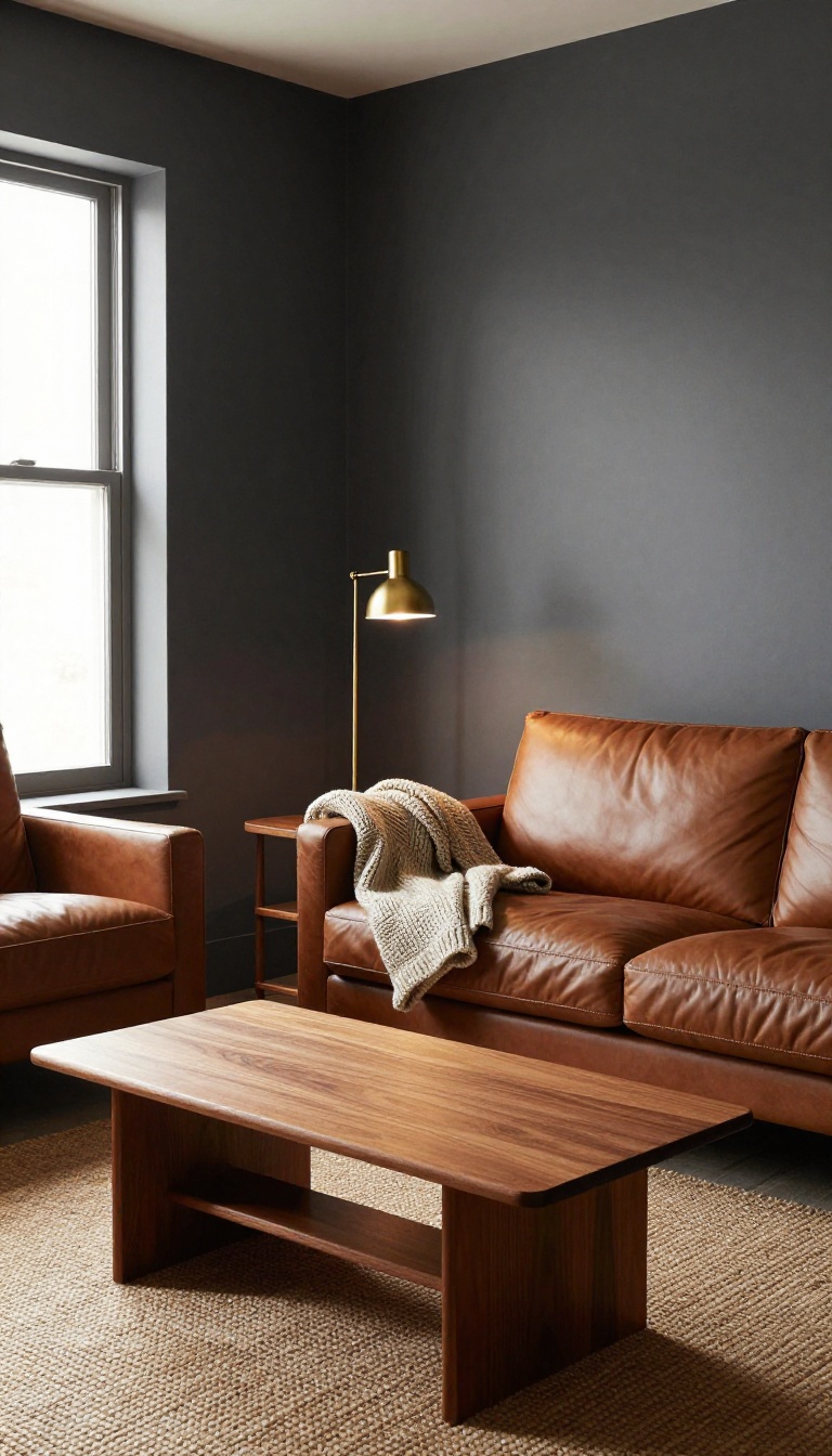 Charcoal gray living room with brown leather sofa, walnut coffee table, woven rug, and warm brass lamp lighting