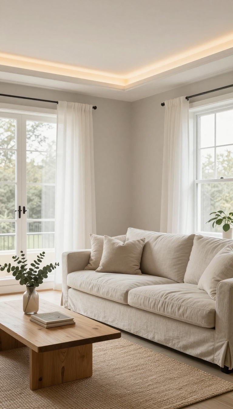 Living room with cove-style crown molding that hides an LED strip, casting a soft warm glow across the ceiling and walls