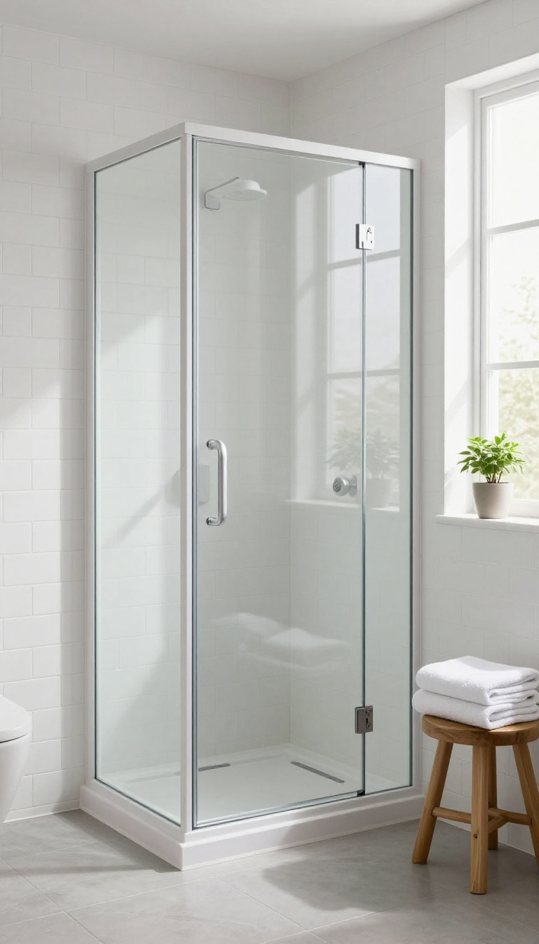 Matte white framed shower door in a bright, spa-like bathroom with white tiles and natural light