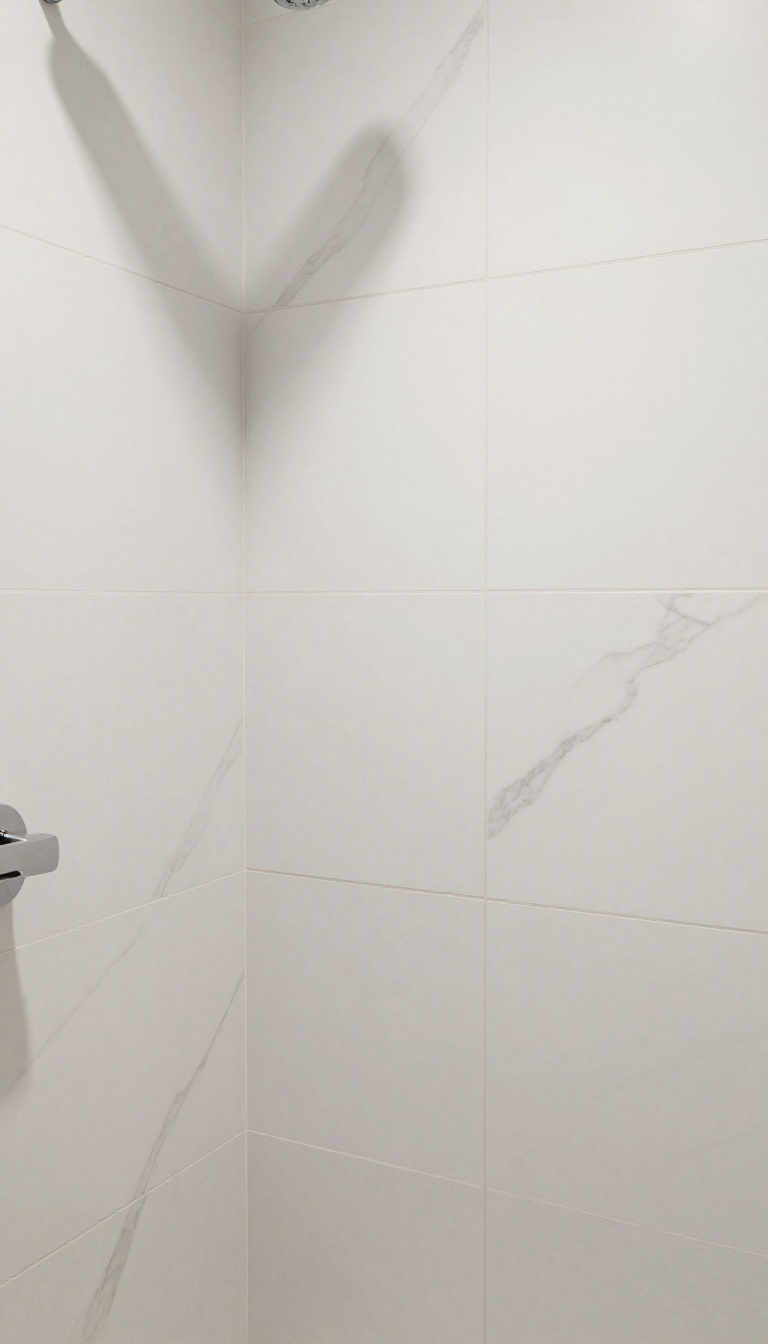 Honed Carrara marble shower wall with a simple stacked tile layout and soft gray veining in bright natural light
