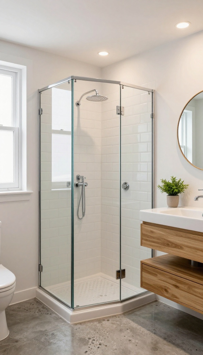 Bright basement bathroom with a neo-angle corner shower, floating vanity, and warm lighting