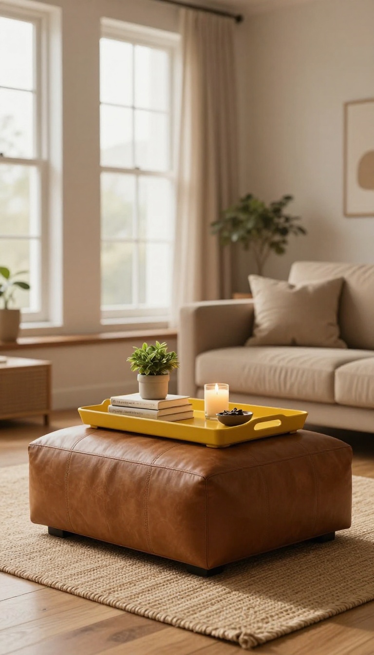 Brown leather ottoman with a glossy yellow tray styled with books, a candle, and a small plant in a bright warm living room