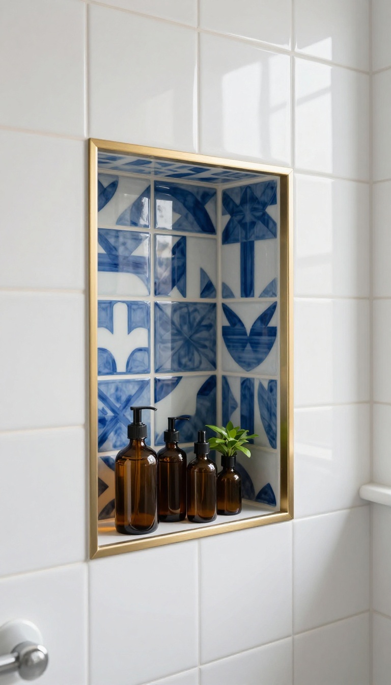 Modern shower niche with a bold patterned blue and white tile back panel contrasting with plain white wall tiles, styled with glass bottles and a small plant in bright natural light