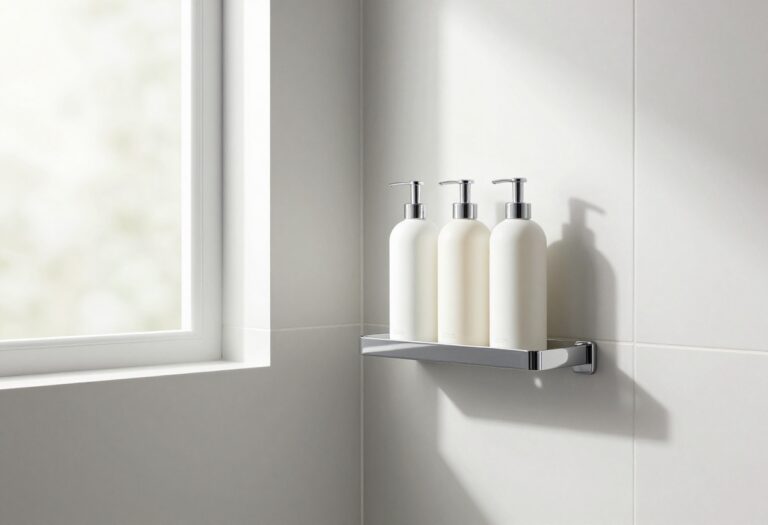 Modern shower with a corner caddy holding shampoo bottles