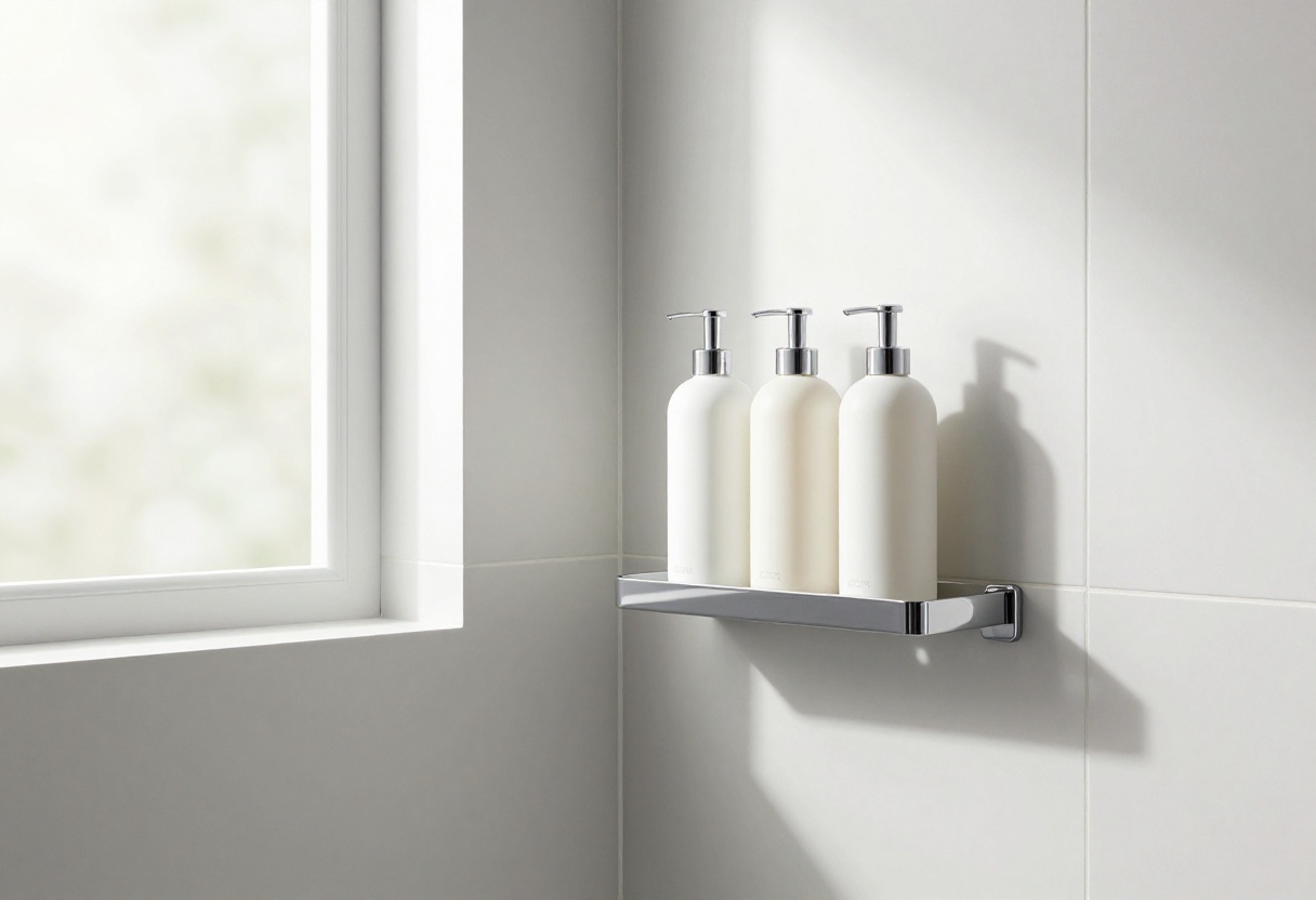 Modern shower with a corner caddy holding shampoo bottles
