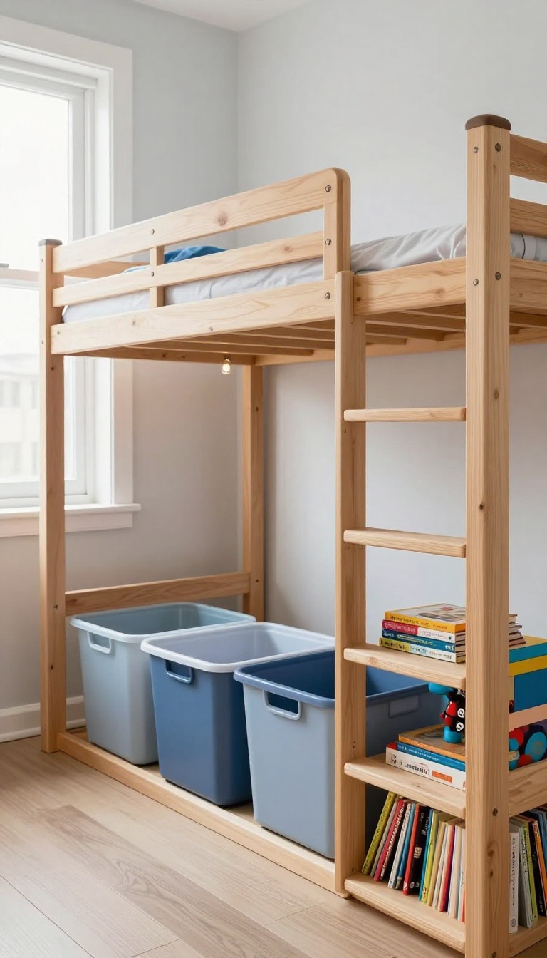 Boys loft bed with integrated toy storage including rolling bins underneath and built-in shelves on the frame