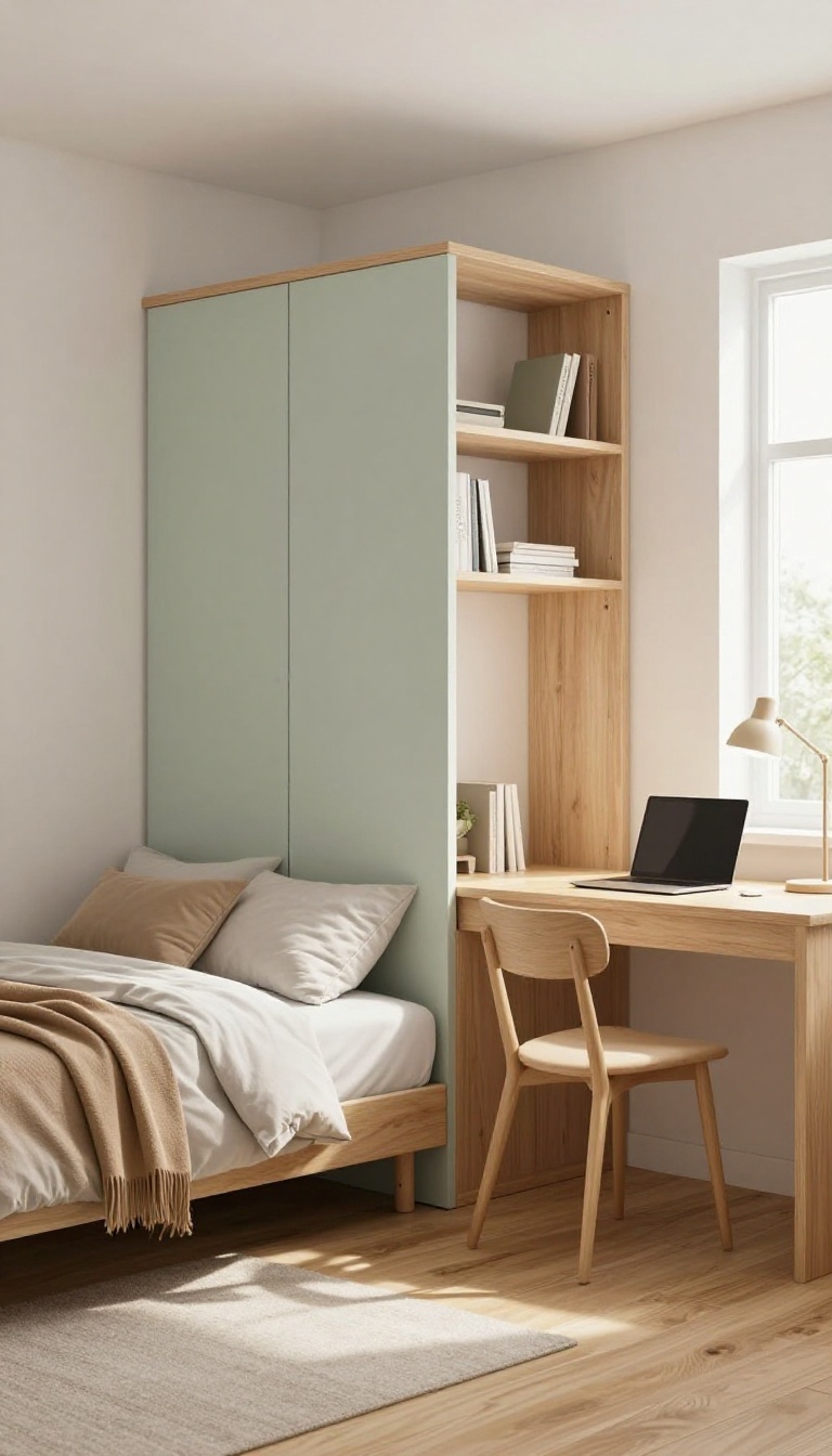 Small spare bedroom divided into a guest sleeping area and a home office with a folding screen room divider in bright natural light