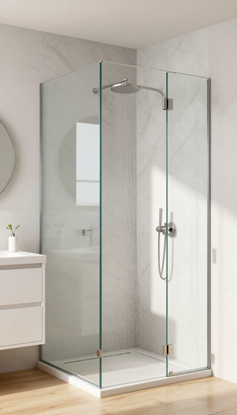 Modern bathroom with a corner shower featuring a fixed glass panel and open entry, bright natural light, and clean design.