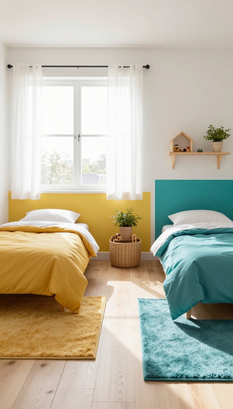 Shared kids bedroom with two beds, each in its own color zone with matching rugs and painted color blocks on the wall