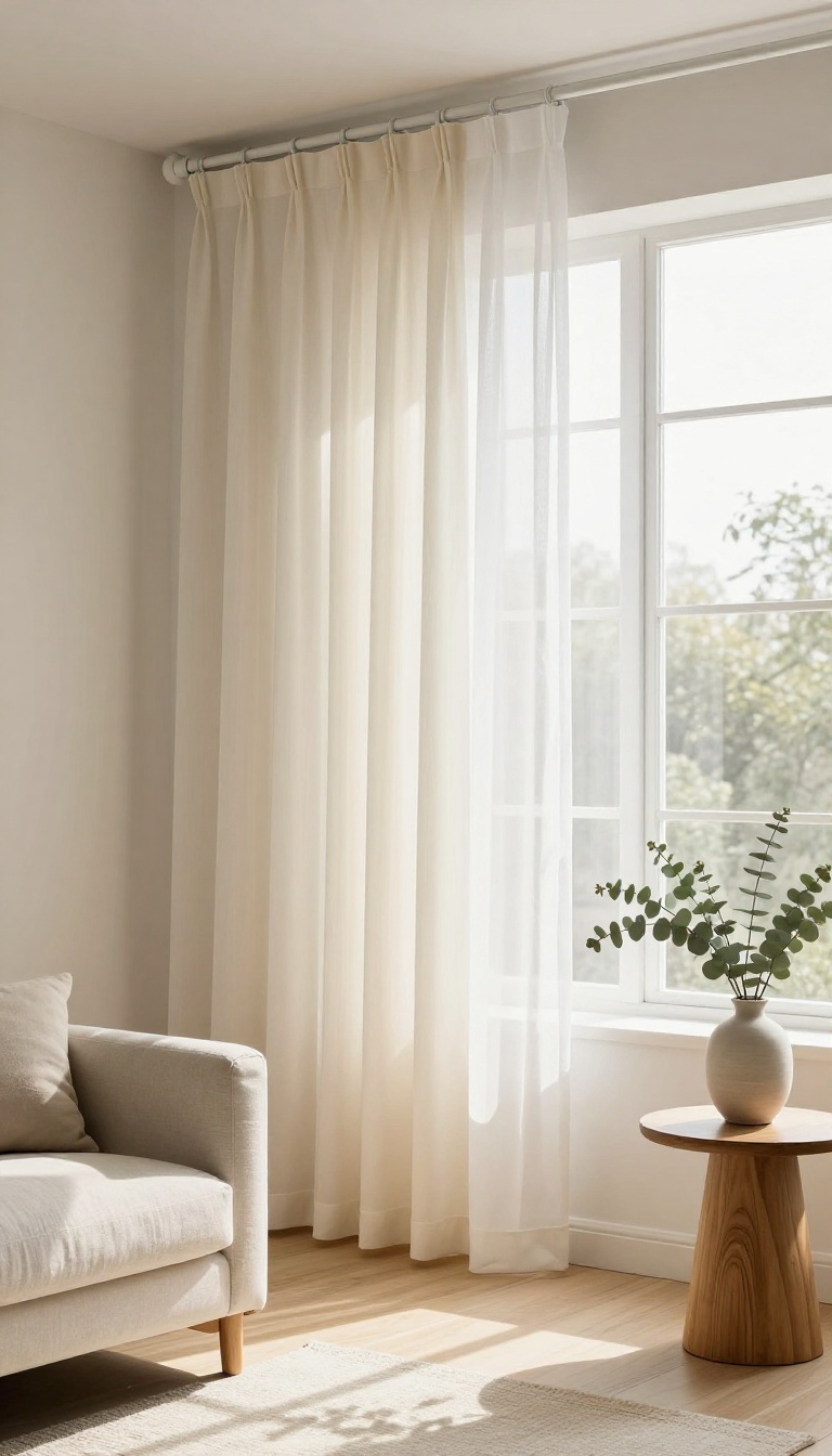 Bright living room with layered white sheer and cream curtains filtering soft daylight, creating an airy and open space.