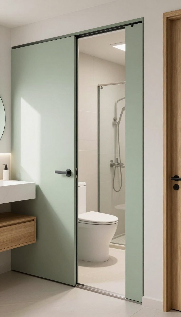 Compact bathroom with a pocket door sliding into the wall, highlighting space-saving design