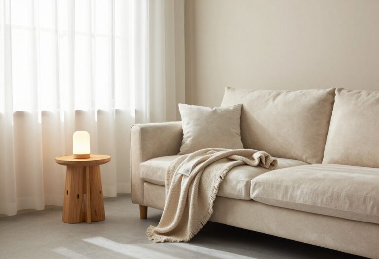 Cozy bedroom corner with a loveseat sofa, cushions, and a side table, creating a comfortable seating area.