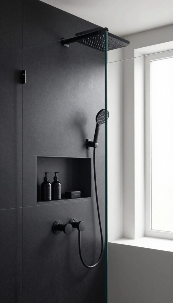 Black walk-in shower with built-in matte black shelves, frameless glass, and natural light