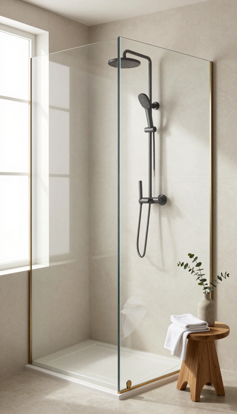 Modern shower stall with matte gray floor tiles and glossy pale wall tiles reflecting natural light